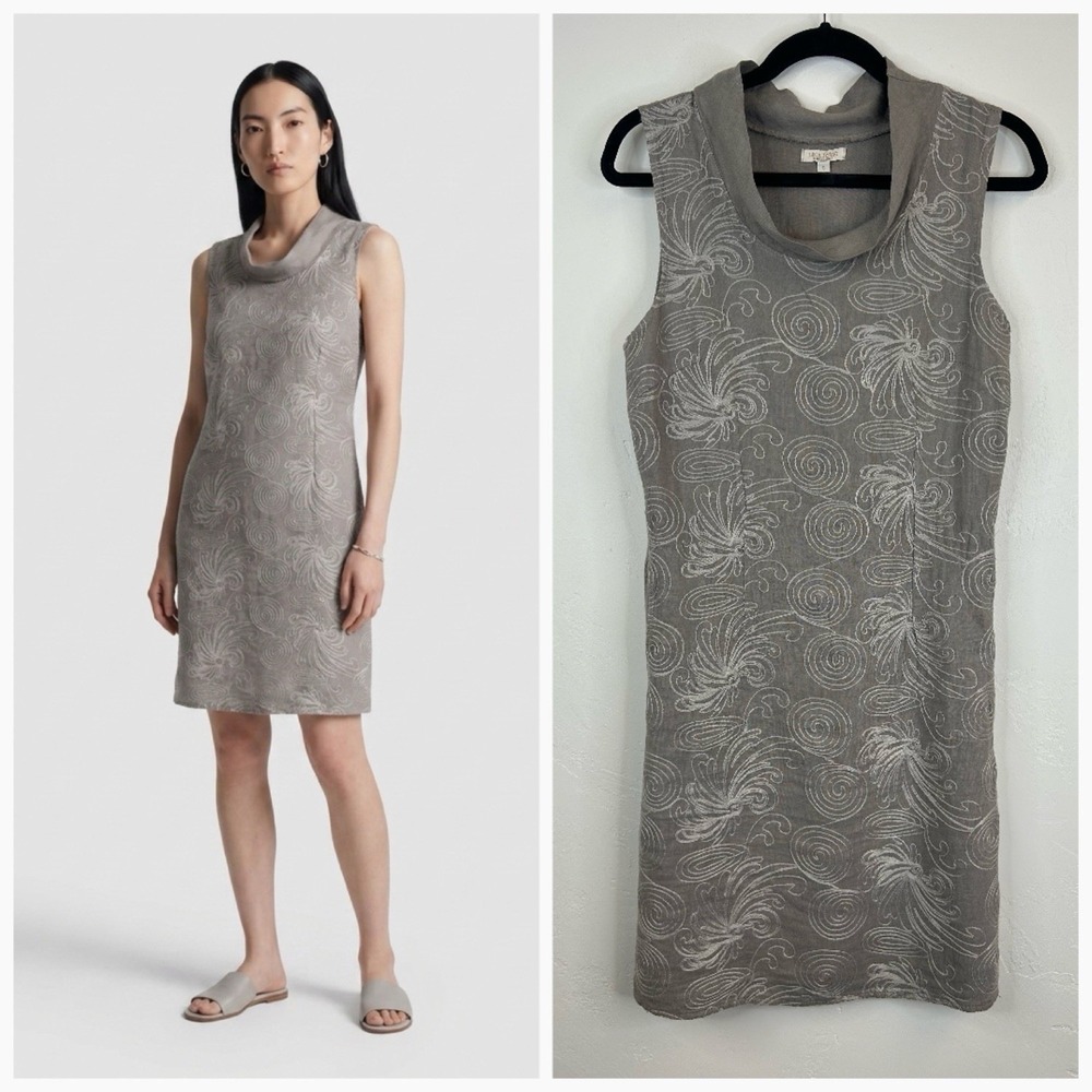 Italian Linen Embroidered Dress Size S Pockets Gray Sleeveless Lagenlook Boho